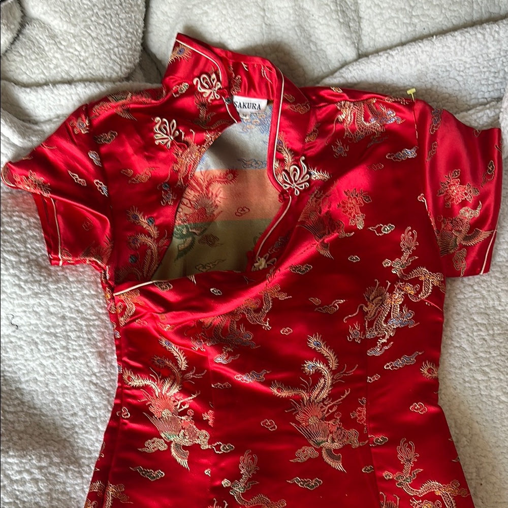 ✨Sakura Red and Gold Midi Dress